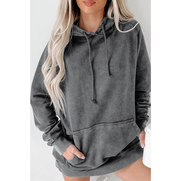 Azura Exchange  Gray Mineral Wash Kangaroo Pocket Drawstring Pullover Hoodie - Picture 10 of 15